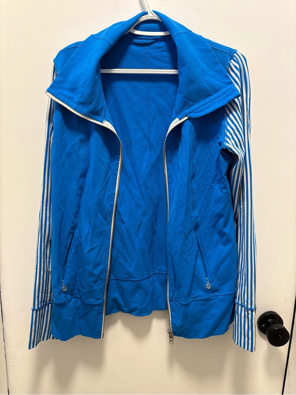 Lululemon Blue Zip-Up Jacket with Striped Sleeves